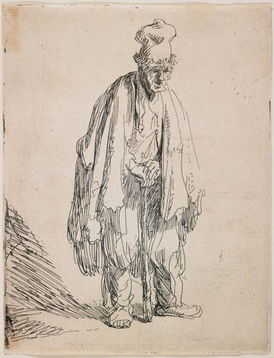 Magas sapkás koldus, aki egy botra támaszkodik alkotó: Rembrandt van Rijn