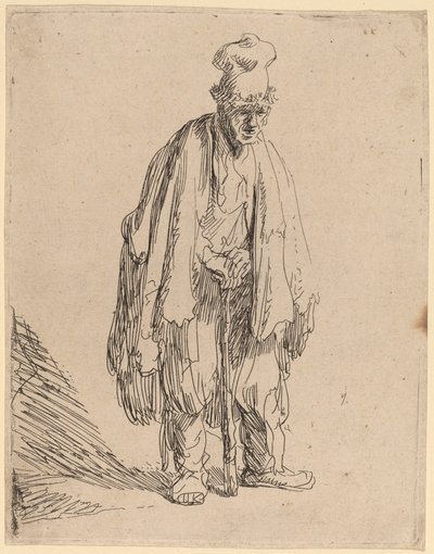 Koldus magas sapkában, állva és botra támaszkodva alkotó: Rembrandt van Rijn
