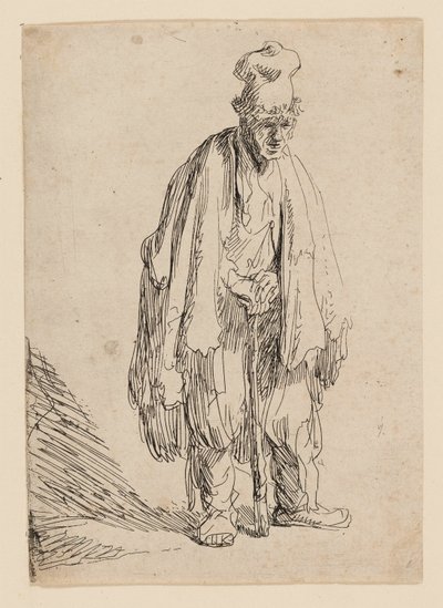 Koldus magas sapkában, áll és botra támaszkodik alkotó: Rembrandt van Rijn