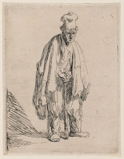 Koldus magas sapkában, állva, botra támaszkodva alkotó: Rembrandt van Rijn