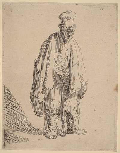 Koldus magas sapkában, állva, botra támaszkodva alkotó: Rembrandt van Rijn