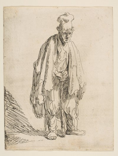 Koldus magas sapkában, állva és botra támaszkodva, kb. 1629. alkotó: Rembrandt van Rijn