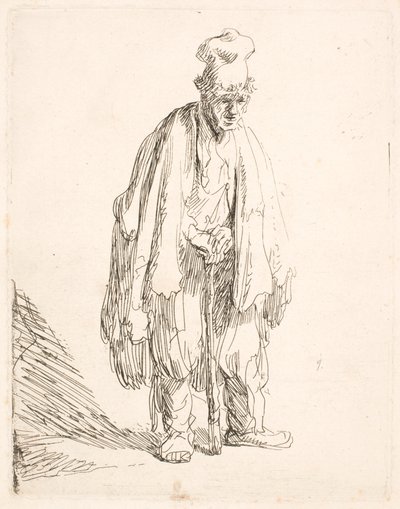 Magas sapkás koldus, aki állva egy botra támaszkodik alkotó: Rembrandt van Rijn