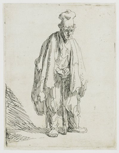 Magas sapkás koldus, aki állva egy botra támaszkodik alkotó: Rembrandt van Rijn