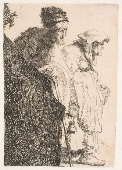 Egy koldus férfi és egy koldus nő egy bank mögött alkotó: Rembrandt van Rijn