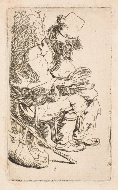 Egy koldus ül, és egy melegítőedény mellett melegíti a kezét alkotó: Rembrandt van Rijn