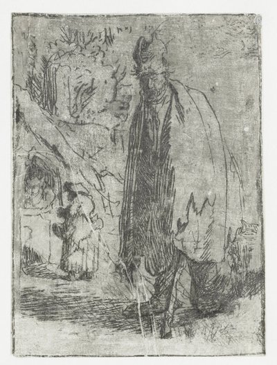 Koldus egy kunyhóval és két alakkal a háttérben alkotó: Rembrandt van Rijn