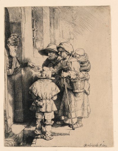 Koldusok alamizsnát kapnak a ház ajtajában alkotó: Rembrandt van Rijn