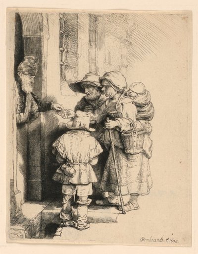 Koldusok alamizsnát kapnak egy ház ajtajában alkotó: Rembrandt van Rijn