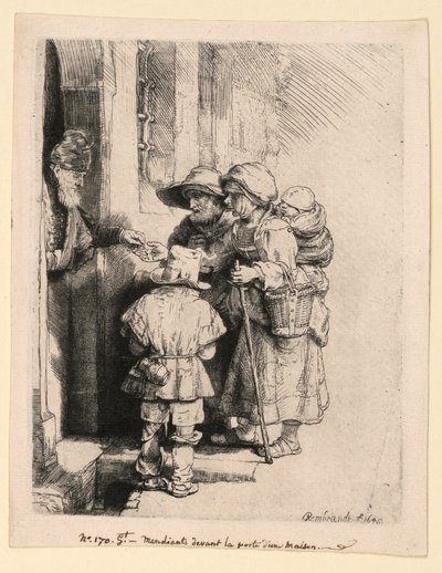 Koldusok alamizsnát kapnak egy ház ajtajában alkotó: Rembrandt van Rijn