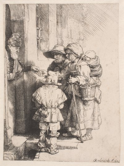 Koldusok, akik egy ház ajtajánál alamizsnát kapnak alkotó: Rembrandt van Rijn