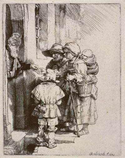 A koldusok alamizsnát kapnak egy ház ajtajában, 1648 (szárazpontos metszet) alkotó: Rembrandt van Rijn