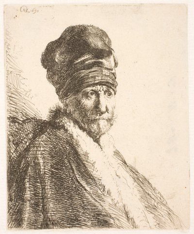 Magas sapkát viselő férfi (Rembrandt apja) mellszobra, háromnegyed profilból alkotó: Rembrandt van Rijn