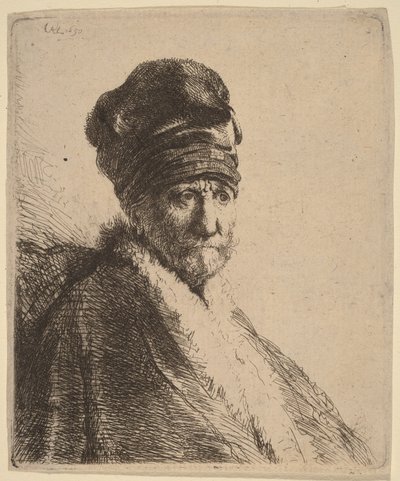 Magas sapkát viselő férfi mellszobra, háromnegyed profilból jobbra (talán a művész apja) alkotó: Rembrandt van Rijn