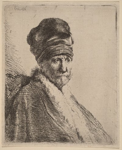 Magas sapkát viselő férfi mellszobra, háromnegyedes jobb oldali nézetből (talán a művész apja) alkotó: Rembrandt van Rijn
