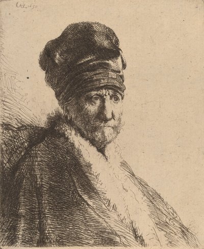 Egy magas sapkát viselő férfi mellszobra, háromnegyed jobbra A művész apja, 1630. alkotó: Rembrandt van Rijn