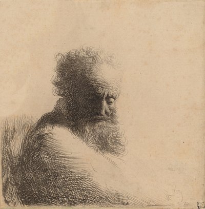 Egy öreg szakállas férfi mellszobra, lefelé nézve, háromnegyed jobbra, 1631. alkotó: Rembrandt van Rijn