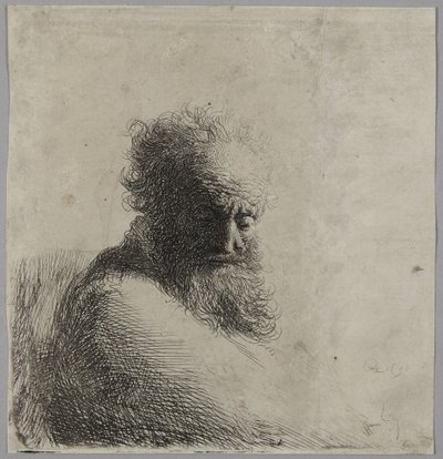 Egy idős férfi mellszobra, lefelé tekintve, háromnegyed profilból jobbra alkotó: Rembrandt van Rijn