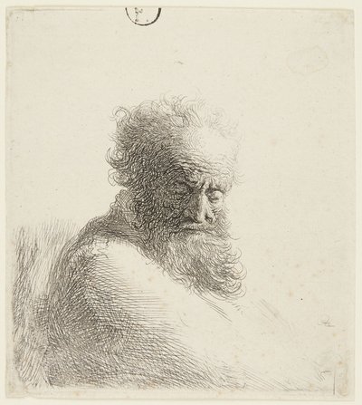 Egy idős férfi mellszobra, lefelé tekintve, háromnegyed profilból jobbra alkotó: Rembrandt van Rijn