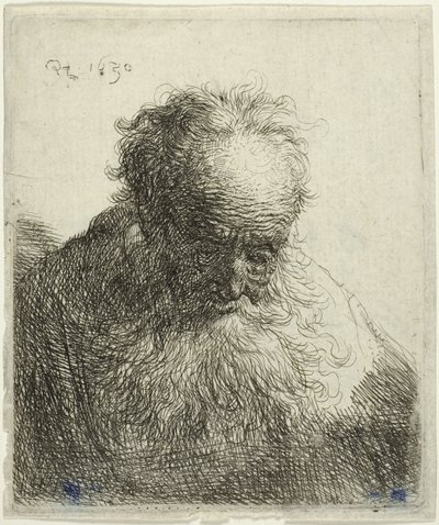 Folyó szakállú öreg férfi mellszobra: Előre hajtott fej: A bal váll árnyékolatlan alkotó: Rembrandt van Rijn
