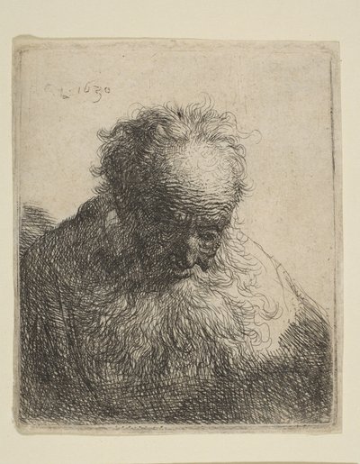 Folyó szakállú öregember mellszobra: a fej előre hajtott: a bal váll árnyékolatlanul, 1630. alkotó: Rembrandt van Rijn