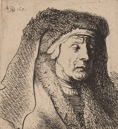Egy öregasszony mellszobra bundás köpenyben és vastag fejdíszben, 1631. alkotó: Rembrandt van Rijn