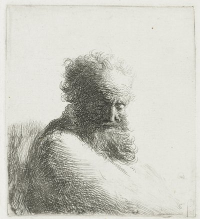 Egy öreg szakállas férfi mellszobra, lenéz, háromnegyed jobbra alkotó: Rembrandt van Rijn