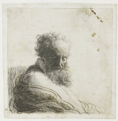 Egy öreg szakállas férfi mellszobra, lenéz, háromnegyed jobbra alkotó: Rembrandt van Rijn