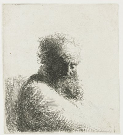 Egy öreg szakállas férfi mellszobra, lenéz, háromnegyed jobbra alkotó: Rembrandt van Rijn