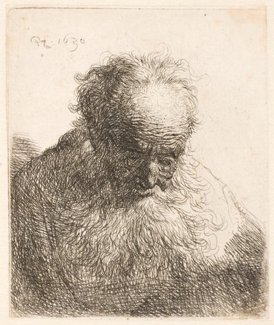 Egy hosszú szakállú idős férfi mellszobra: a feje előre hajlik; a bal váll nem árnyékolt alkotó: Rembrandt van Rijn