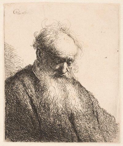 Hosszú szakállú idős férfi mellszobra: a fej háromnegyedre jobbra hajlik alkotó: Rembrandt van Rijn