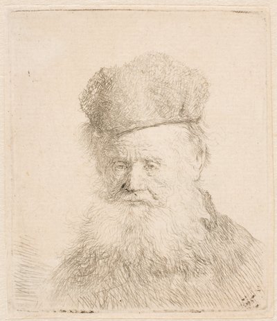 Egy öregember mellszobra, szőrme sapkával és lobogó szakállal: szinte teljes arcnézet: a tekintete egyenesen előre irányul alkotó: Rembrandt van Rijn
