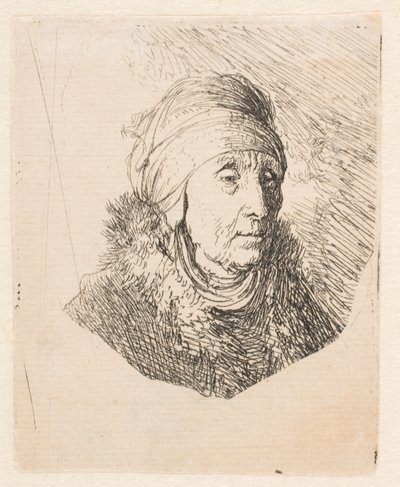 Egy idős asszony mellszobra, magas fejdíszben, amelyet az álláig kötöttek alkotó: Rembrandt van Rijn