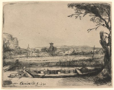 Csatorna egy nagy csónakkal és híddal alkotó: Rembrandt van Rijn