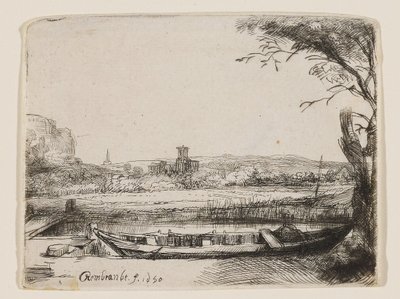 Csatorna egy nagy hajóval és híddal alkotó: Rembrandt van Rijn