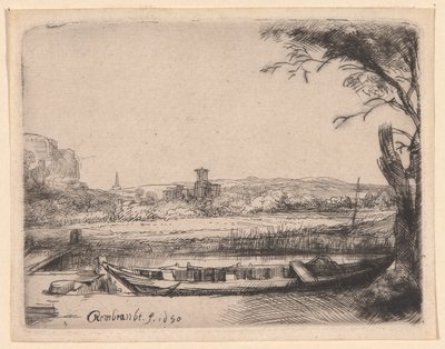 Csatorna egy nagy csónakkal és egy híddal alkotó: Rembrandt van Rijn