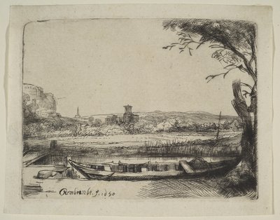 Csatorna egy nagy csónakkal és egy híddal, 1650. alkotó: Rembrandt van Rijn