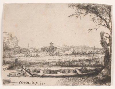 Csatorna egy nagy hajóval és egy híddal alkotó: Rembrandt van Rijn