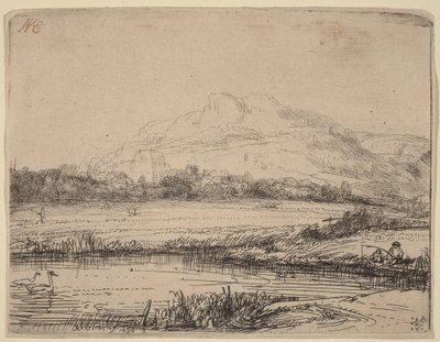 Csatorna egy horgásszal és két hattyúval alkotó: Rembrandt van Rijn