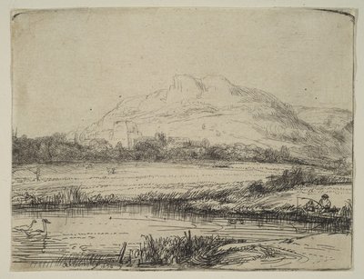 Csatorna horgász és két hattyúval, 1650. alkotó: Rembrandt van Rijn