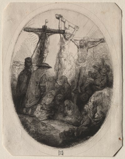 Két tolvaj közé feszített Krisztus: Egy ovális tányér, c. 1641. alkotó: Rembrandt van Rijn