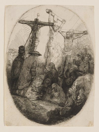 A két tolvaj között keresztre feszített Krisztus alkotó: Rembrandt van Rijn