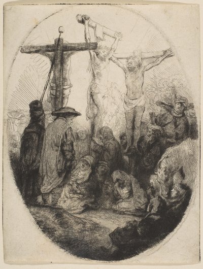 Két tolvaj között keresztre feszített Krisztus, ovális lemez, kb. 1641. alkotó: Rembrandt van Rijn
