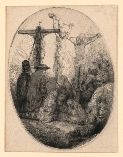 Krisztus keresztre feszítve a két tolvaj között: egy ovális tányér alkotó: Rembrandt van Rijn