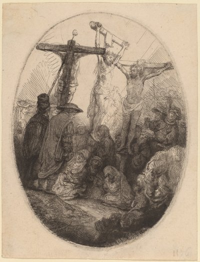 Megfeszített Krisztus a két tolvaj között: egy ovális tányér alkotó: Rembrandt van Rijn