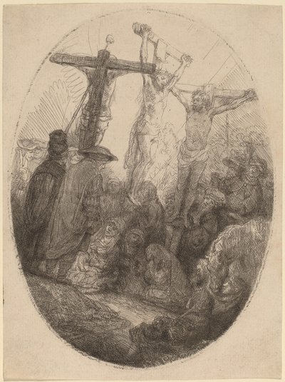 Megfeszített Krisztus a két tolvaj között: egy ovális tányér alkotó: Rembrandt van Rijn