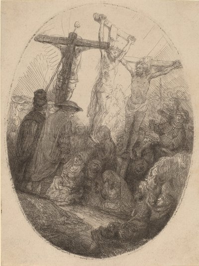 Megfeszített Krisztus a két tolvaj között: egy ovális tányér, c. 1641. alkotó: Rembrandt van Rijn