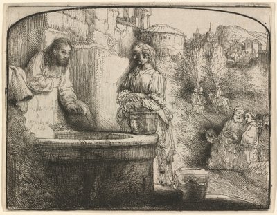 Krisztus és a samáriai asszony: íves nyomat alkotó: Rembrandt van Rijn