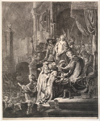 Jézus Pilátus előtt: nagy tányér alkotó: Rembrandt van Rijn