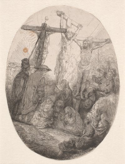 A két tolvaj között keresztre feszített Krisztus: ovális tábla alkotó: Rembrandt van Rijn
